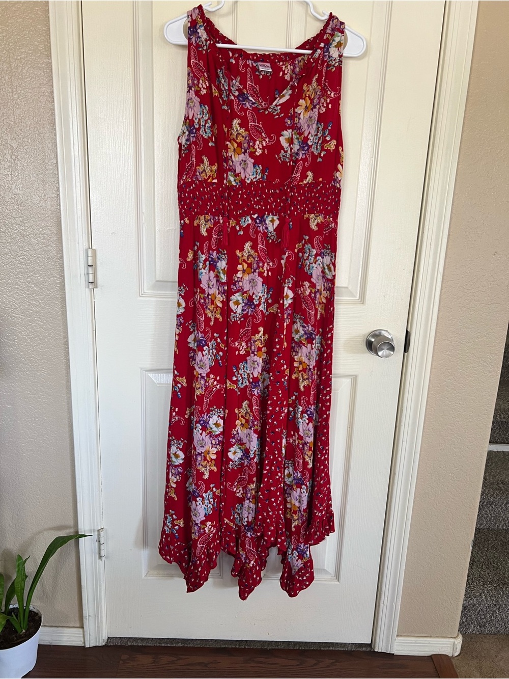 Bila Red Floral Paisley Smocked Waist Boho Maxi Dress L - Picture 2 of 14
